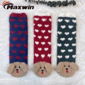 Gestrickte warme Hausschuhe für Damen für den Winter, flauschige Mikrofaser-Socken mit niedlichem Hundemuster