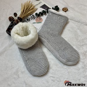 Pantofole da donna per interni, calde e confortevoli, con fodera in pelliccia sintetica con paillettes, lavorate a maglia