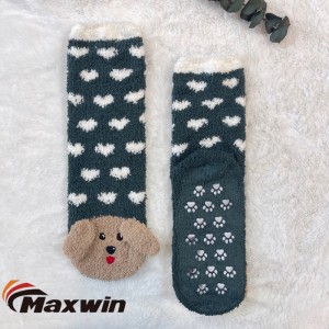 Pambabaeng Winter Knitted Warm Slipper Home Floor Socks Fuzzy Microfiber Socks With Cute Dog Pattern