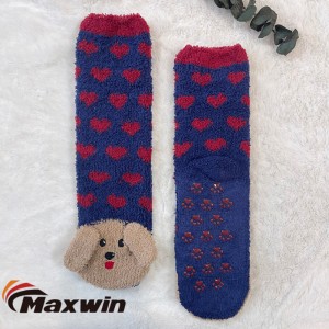 Pambabaeng Winter Knitted Warm Slipper Home Floor Socks Fuzzy Microfiber Socks With Cute Dog Pattern