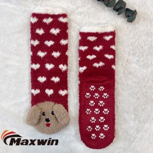 Chinelo quente de malha de inverno feminino meias de chão para casa meias felpudas de microfibra com padrão de cachorro fofo