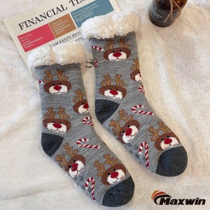 Ladies Fuzzy Socks With Elk, Christmas Stocking, Vintage Thick Cabin Socks