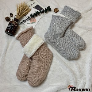 Pantofole da donna per interni, calde e confortevoli, con fodera in pelliccia sintetica con paillettes, lavorate a maglia