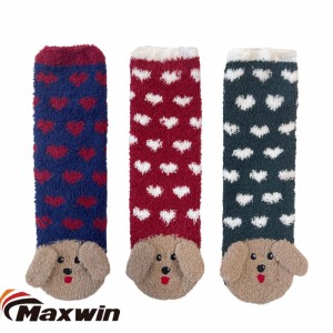 Moteriškos žieminės megztos šiltos šlepetės namų grindų kojinės neryškios mikropluošto kojinės su mielu šuns raštu