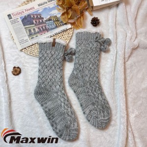 Ladies Cable Structures Winter Warm Indoor Slipper Socks With Balls