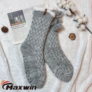 Ladies Cable Structures Winter Warm Indoor Slipper Socks With Balls