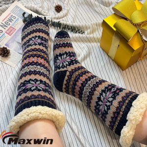Дамски зимни супер топли чорапи с чехли с десен на снежинки