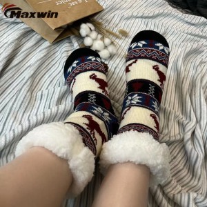 Женски пријатни зимски чорапи со шаблони од снегулка и елен, двослојни кабински чорапи
