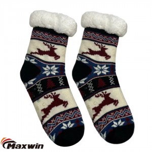 Kar Tanesi ve Elk Desenli Bayan Rahat Kışlık Çorap, Çift Kat Kabin Çorabı