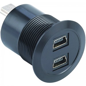 Dijametru ta 'immuntar ta' 22mm metall Aluminju anodizzat USB konnettur socket saff doppju 2 * USB2.0 mini Female għal maskili