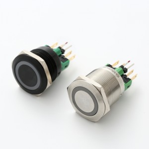 22 mm svart aluminium eller rustfritt stål 3 tre-led-farge-ring-belyst trykknappbryter låst (PM221F-11ZE/RGB/12V/A)