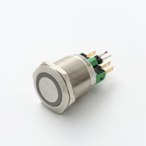 22 mm sort aluminium eller rustfrit stål 3 tre LED-farver ringbelyst trykknapkontakt låses (PM221F-11ZE/RGB/12V/A)