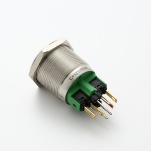 22 мм црн алуминиум или не'рѓосувачки челик 3 заклучување на прекинувачот за притискање на копче со светлечки прстен во боја со три LED (PM221F-11ZE/RGB/12V/A)