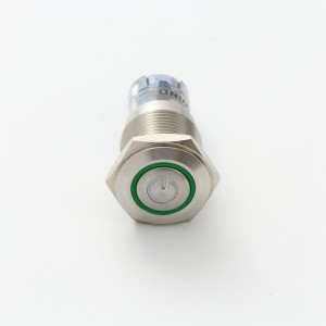 Polsador metàl·lic il·luminat amb anell de 16 mm d'acer inoxidable amb símbol d'alimentació (PM162F-11ET/B/12V/S, PM162F-ZET/B/12V/S)