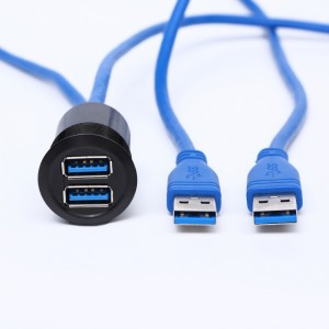 25mm माउन्टिंग व्यास धातु एल्युमिनियम anodized USB कनेक्टर सकेट डबल तह 2*USB3.0 महिला A देखि पुरुष A 60CM केबल संग