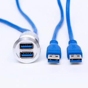25 mm montážny priemer kov Hliníková eloxovaná USB konektorová zásuvka dvojvrstvová 2*USB3.0 Zásuvka A až samec A so 60CM káblom