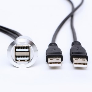 22 mm o'rnatish diametri metall alyuminiy anodlangan USB ulagichi rozetka ikki qatlamli 2 * USB2.0 Ayol A dan erkak A 60CM kabel bilan