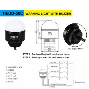 50 mm signalni toranj RYG LED neprekidno svjetlo u boji i kontinuirana zujalica sa kablom od 70 cm (YWJD-50C)