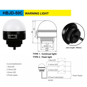 50 mm signalni toranj RYG LED kontinuirano svjetlo u boji i kontinuirano zujalo s kabelom od 70 cm (YWJD-50C)