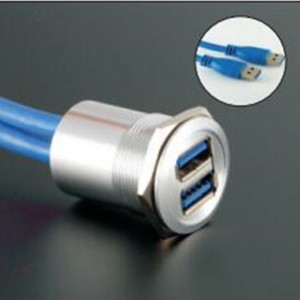 25 mm montažni premer, kovina, eloksiran aluminij, dvoslojna vtičnica USB konektorja 2*USB3.0 ženski A v moški A s 60 cm kablom
