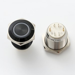 ELEWIND 16 mm metalinis mygtuko jungiklis momentinis 1NO su RGB trijų spalvų žiedine lempute (PM161F-10E/J/RGB/▲/◎)