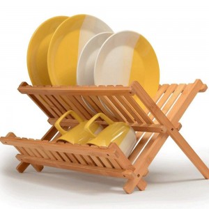 Suncha Foldable Bamboo Dish Drying Rack ya Khitchini