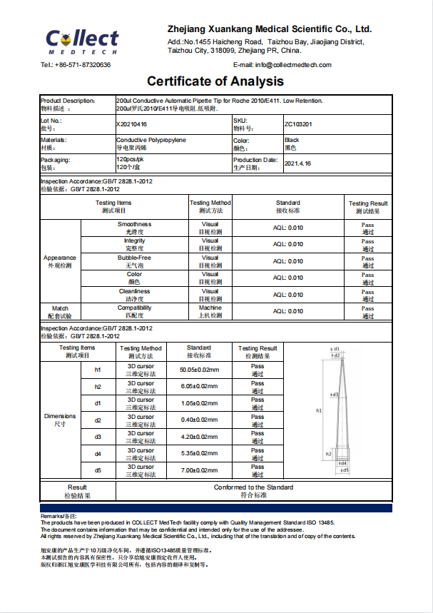 COA of ZC103201, 200ul Roche Conductive Pipette Tips