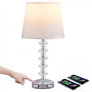 3-Way Dimmable Touch Control Crystal Table Desk Lamp With Dual Fast Quick USB Charging Ports and AC Outlet For Bedroom