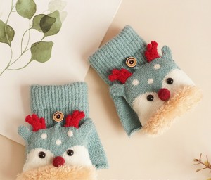 Go out in winter to keep warm and velvet thickened cold-proof Christmas cartoon children’s half-finger flip reindeer gloves