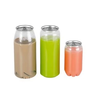 ຕຸກກະຕານ້ຳດື່ມຍອດນິຍົມ Transparent PET Plastic Aluminum Customized Pet Cans Plastic Drink Cans with Aluminum Caps