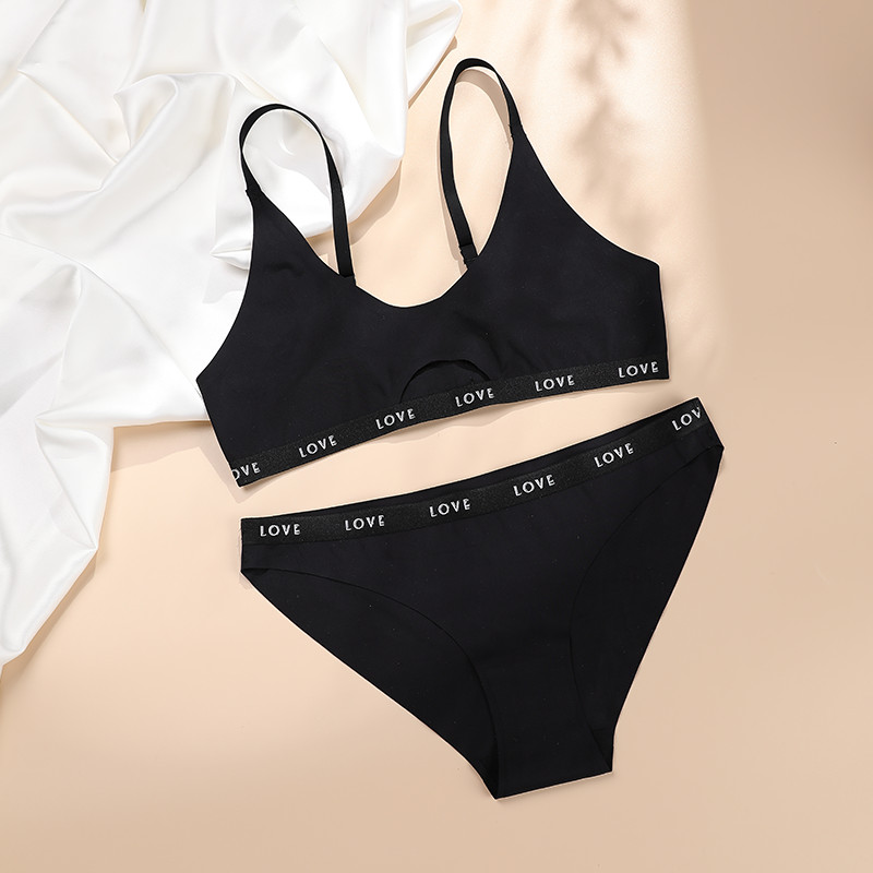 Hollow Out Letter Print Bra Set Featured Image