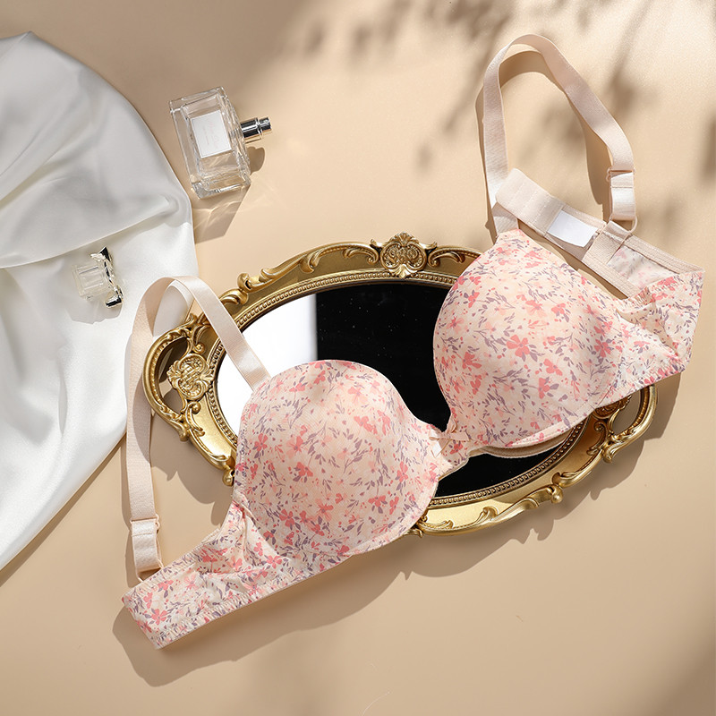 Pink Floral Print Thin Cup Bra