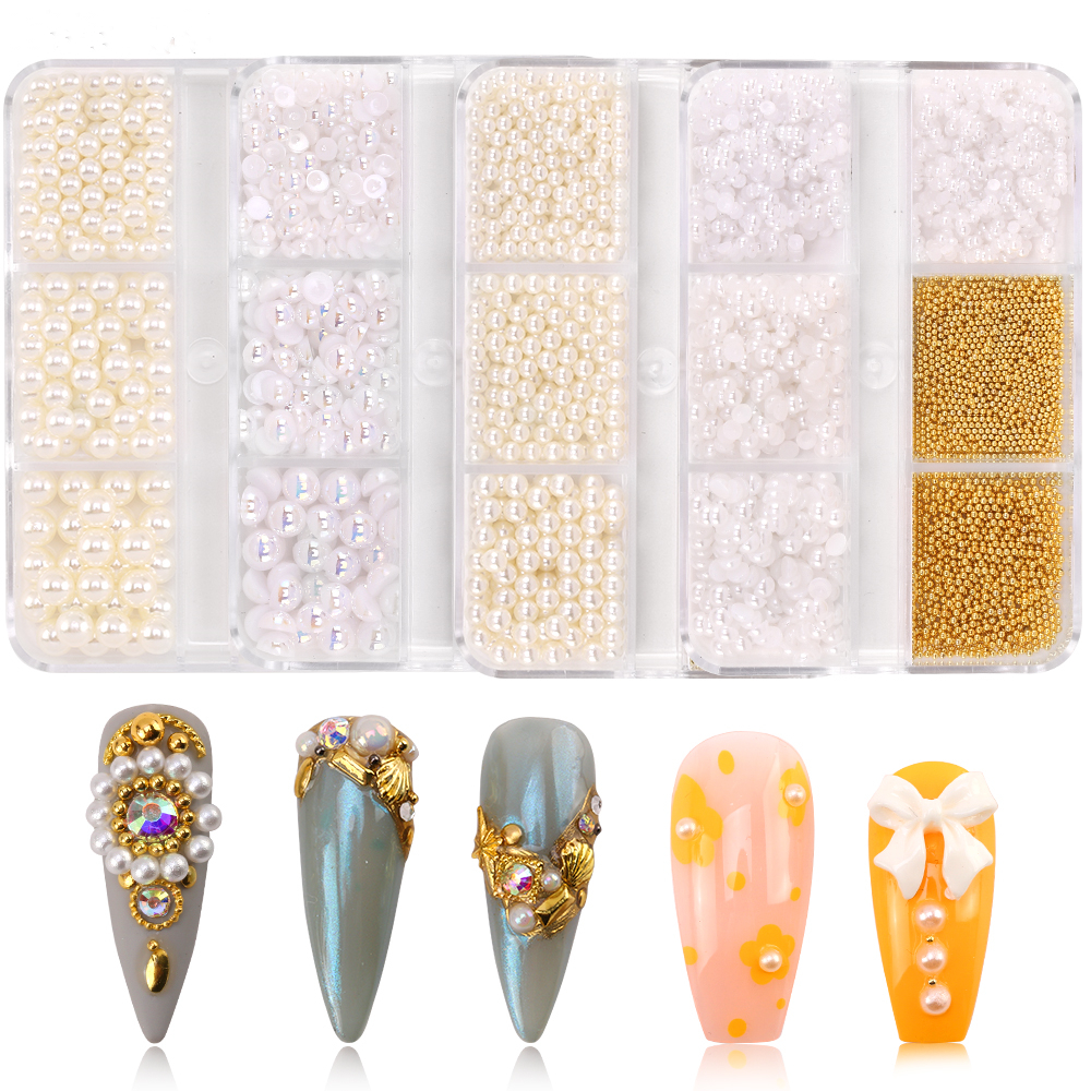 In doos verpakte beige mini witte parels voor nail art-decoratie