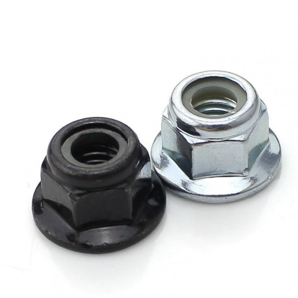 Galvanized ສີຂາວສີຟ້າສັງກະສີ Plated ສີດໍາ Oxide DIN1663 Hex Flange Nylock Nut Nylon Lock Nut