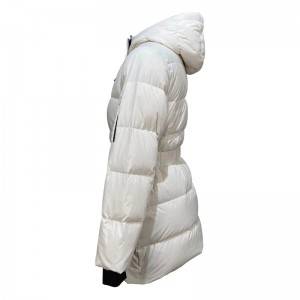 Kapucnis puffer hosszú téli női kabát derékövvel