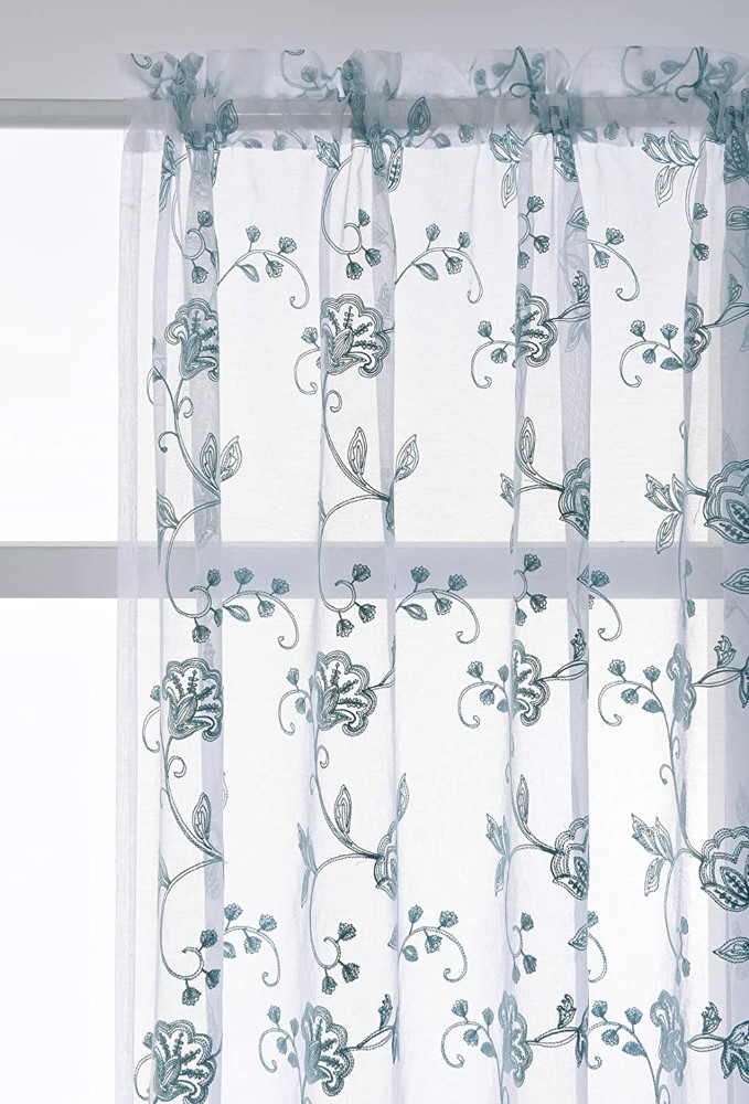 Blue Sheer Curtains Embroidery  Rod Pocket Voile Drapes for Living Room Bedroom Window Treatments Semi Flower Pattern Curtain