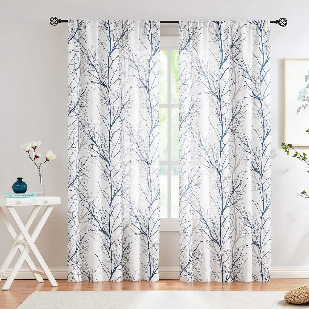 Blue White Sheer Curtains for Living Room Privacy Grey Tree Branch Print Curtain for Bedroom Linen Textured Country Curtain Set