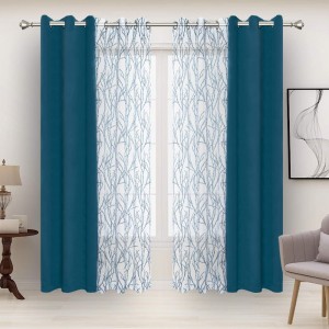 Mix and Match Curtains 2 Pieces Branch Print Sheer Curtains and 2 Pieces Blackout Curtains for Bedroom Living Room Grommet Window Drapes