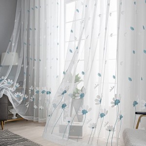 Blue Embroidered Semi Sheer Curtains for Living Room，Bedroom  Grommet Top Embroidery Curtains Two Panels