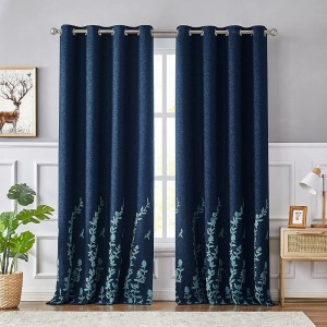 Flower Embroidery Linen Textured Blackout Curtains for Living Room Bedroom Silver Grommet Window Drape, Navy/Blue