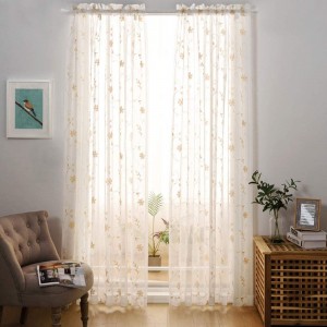 Floral Embroidery Gold Sheer Curtains Rod Pocket Sheer Drapes for Living Room Bedroom Semi Crinkle Voile