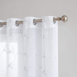 Pair of 2 Sheer White Faux-Linen Standard Size Curtain Panels with Beautiful Light Grey Stitched Leaf Embroidery