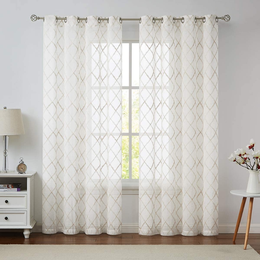 Ivory Sheer Curtains for Living Room Bedroom Moroccan Embroidered on Voile Linen Drapes Light Filtering Grommet Top Window Treatments