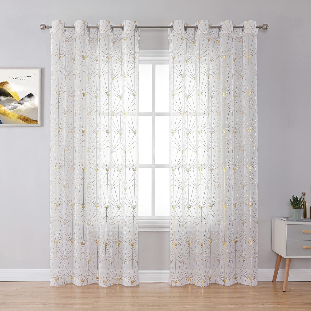 White Sheer Linen Faux Curtains 84 inches Long for Livingroom Gold Printed Semi Geometric Translucence Grommet Top Voile Curtains for Bedroom