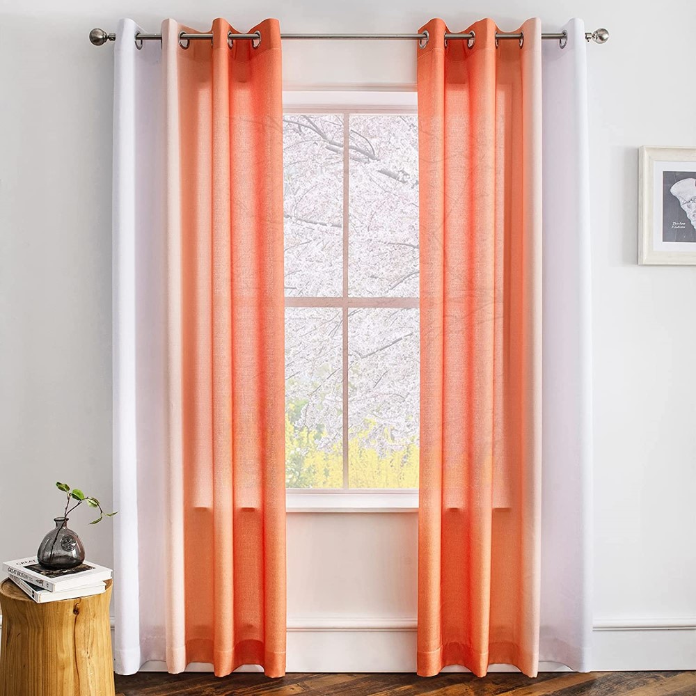 Linen Ombre Semi Sheer Curtains for Living Room Orange White Horizontal Gradient Grommet Voile Drapes Featured Image