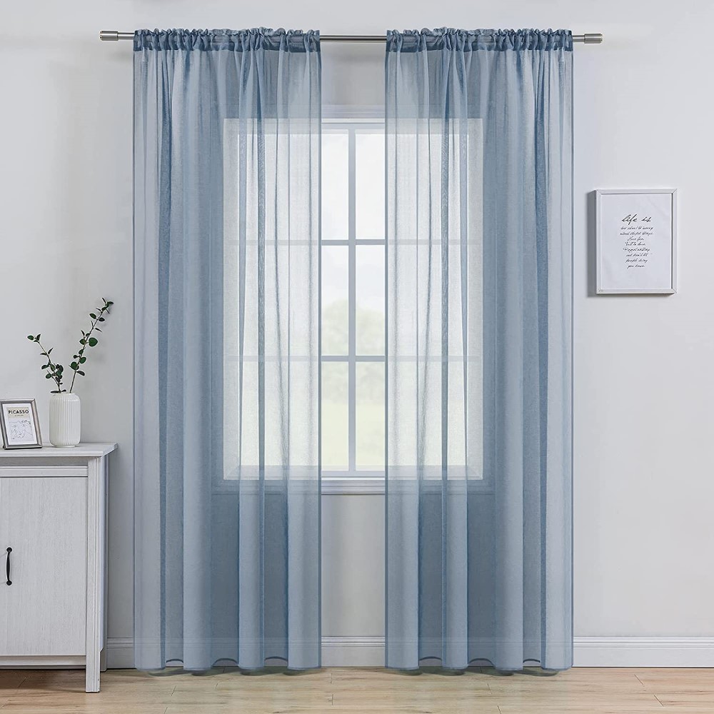 Dusty Blue Linen Textured Sheer Curtain for Bedroom/Living Room Semi Transparent Farmhouse Window Net Panels with Rod Pocket