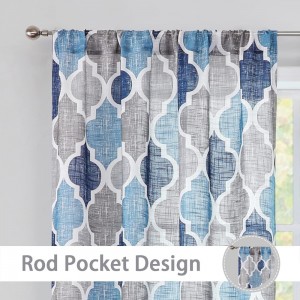 Lattice Moroccan Tile Print Curtains Qua trefoil Geometric Linen Like Semi Sheer Curtain Rod Pocket Window Treatment for Living Room Kitchen