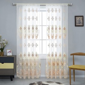 Semi Sheer Curtains American Look Embroidered Voile Draperies Rod Pocket Window Treatment for Living Room Bedroom