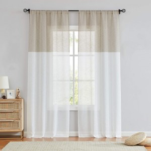 Tan and White Stripe Sheer Color Block Window Curtain Panel Pairs Linen Drape Treatment for Bedroom Living Room Farmhouse with Rod Pocket