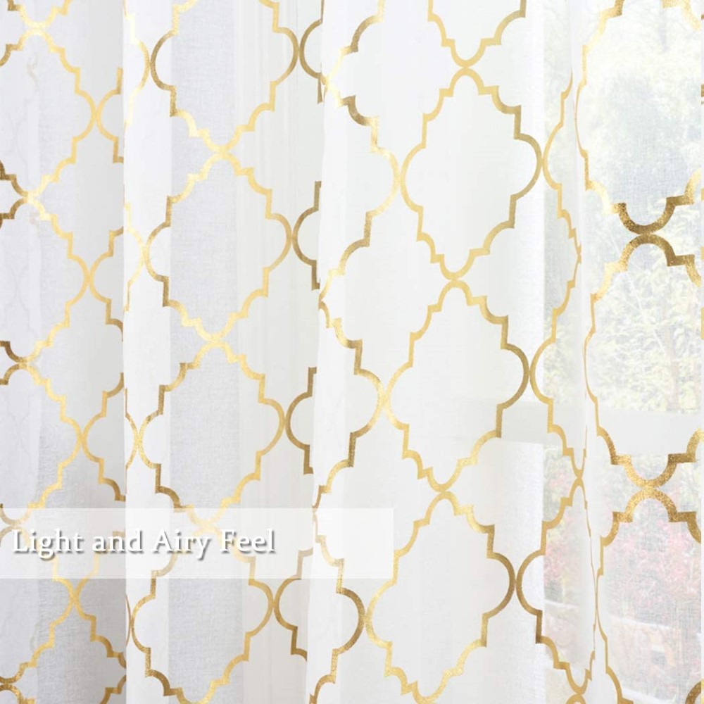 White Sheer Curtains Gold Foil Print Moroccan Tile Lattice Design Grommet White Window Panels for Girls Room